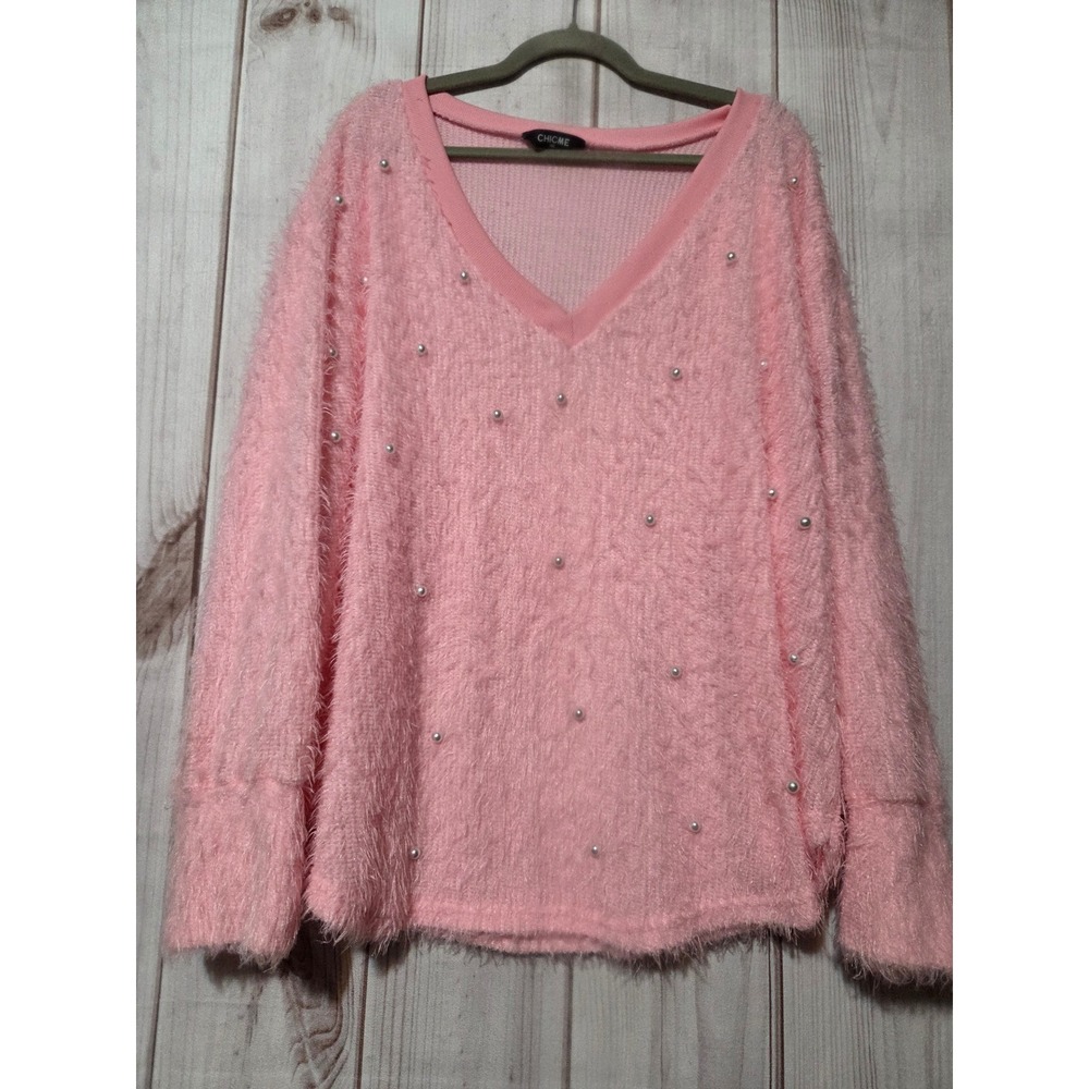 Chicme Pink Fuzzy Eyelash Knit Pearl Embellished V-Neck Sweater Womens‎ 4XL